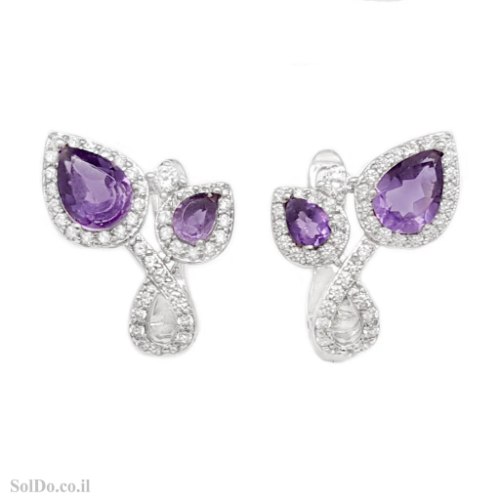 עגילים מכסף משובצים אבני אמטיסט סגול ואבני זרקון A9018 | תכשיטי כסף