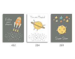 סט של 3 תמונות השראה מעוצבות לחדר ילדים בנים, חלל דגם 010