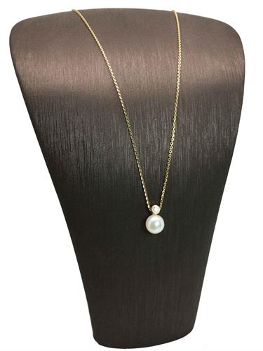 שרשרת ותליון זהב צהוב 14K שיבוץ פנינה אמיתית ויהלום