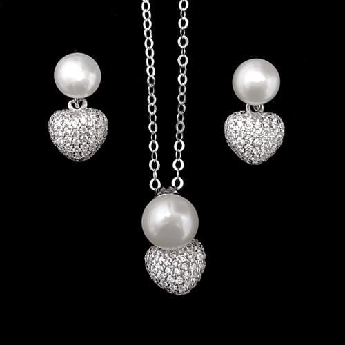 סט עגילים ותליון לבבות מכסף משובצים פנינה לבנה וזרקונים S1493 | תכשיטי כסף 925 | תכשיטים לחתונה