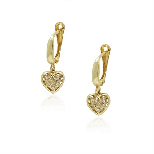 עגילי יהלומים לב מעוטרים נתלים מזהב