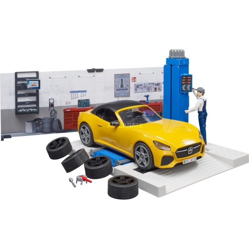 ערכת מוסך עם רכב רואדסטר ומכונאי