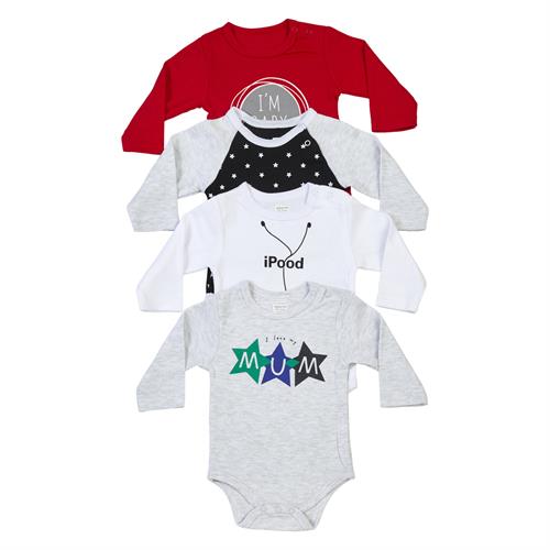 סט 4 בגדי גוף אדום שחור לבן אפור מלאנג