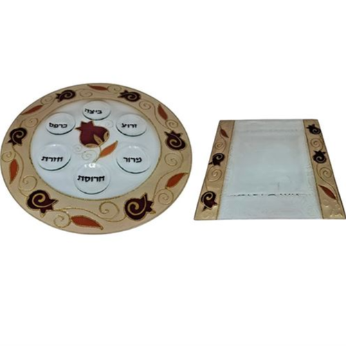 סט צלחת פסח וצלחת מצה תואם דגם רימונים ספירלה מוזהב