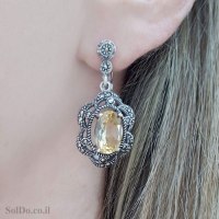 עגילים תלויים ותליון מכסף משובצים אבני סיטרין ומרקזטים S1706