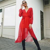 שמלת מעטפת שיפון - אדומה