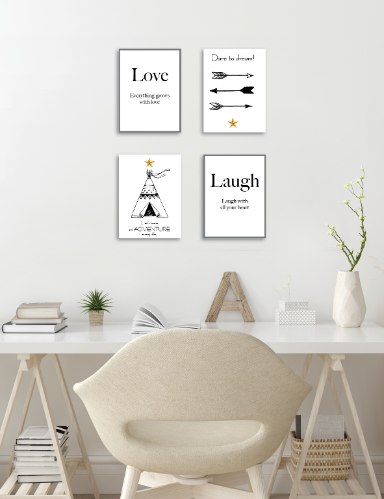 רביעיית תמונות השראה אהבה, צחוק, אוהל טיפי וחיצים ש/ל דגם 9