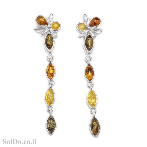 עגילים מכסף מעוצבים ארוכים בשילוב ענבר בלטי אמיתי  מיקס צבעים A8963