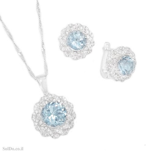 עגילים ותליון מכסף משובצים אבני טופז כחולה ואבני זרקון S1743