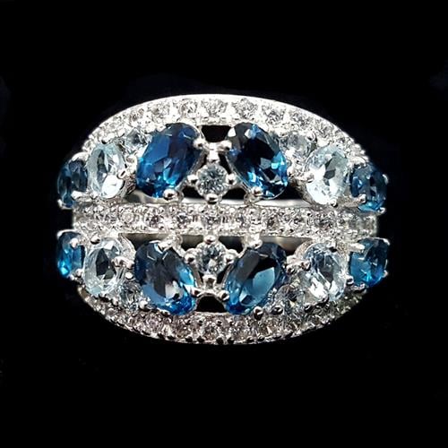 טבעת כסף משובצת טופז כחול ואבני זרקון לבנות RG5684 | תכשיטי כסף 925 | טבעות כסף