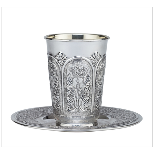 סט גביע קידוש + צלחת כסף טהור דגם שערים אימפריום (S)