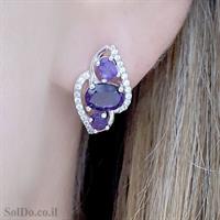 עגילי כסף משובצים אבני אמטיסט סגול וזרקונים A8757 | תכשיטי כסף