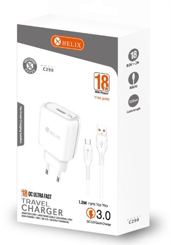 מטען קיר MICRO-USB 18W מהיר HELIX