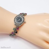 שעון מכסף מעוצב משובץ מרקזטים ואבני אמרלד, רובי וספיר SH3264 | תכשיטי כסף