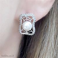 עגילי כסף משובצים פנינה לבנה ואבני זרקון A8711 | תכשיטי כסף 925