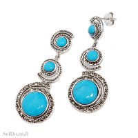 עגילים מכסף ארוכים משובצים מרקזטים ואבני טורקיז  A8988 | תכשיטי כסף 925 | עגילי כסף