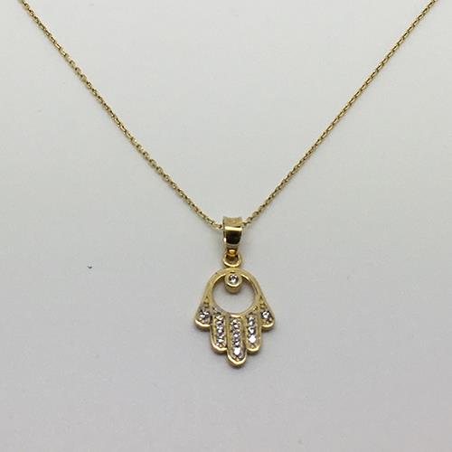 שרשרת  ותליון חמסה חלולה זהב 14K משובץ זירקונים