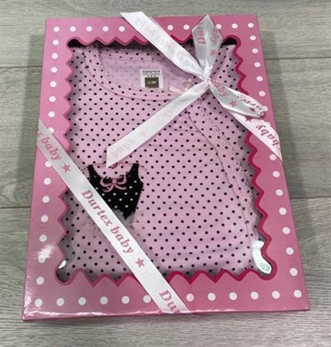 אוברול טריקו ארוך + כובע - נקודות ורוד