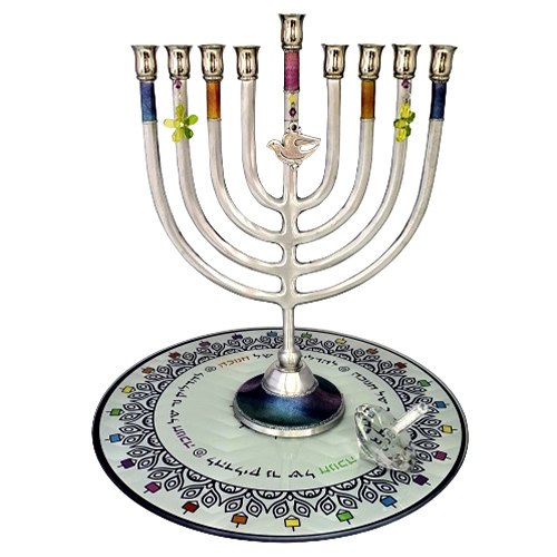 חנוכייה גדולה מעוצבת + מגש + סביבון דגם ציפור