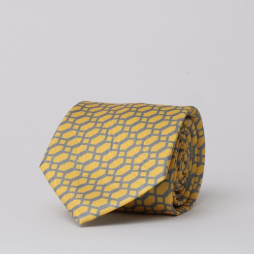 עניבה משי מודפס צהוב / אפור