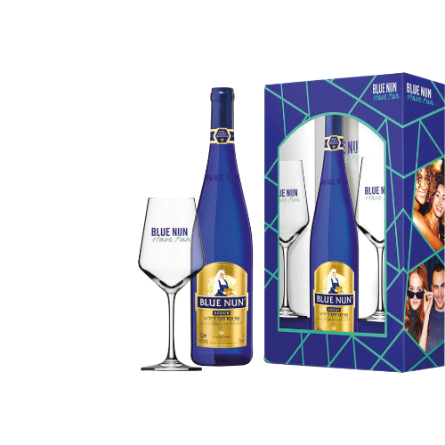 מארז בלו נאן גוורץ + 2 כוסות יין ממותגות
