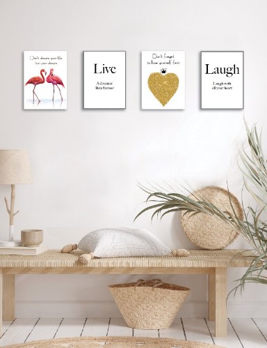 רביעיית תמונות השראה לצחוק, לב זהב, זוג פלמינגו והמילה לחיות, דגם 5