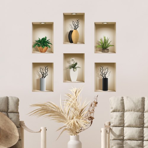 שישיית מדבקות נישה כוורת עציצים ואגרטלים עם ענפים שחורים דגם 630