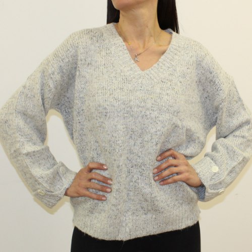 סריג נשים V שרוול כפתור אפור בהיר