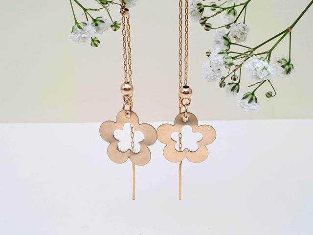 E-02 עגילי שרשרת עשויים גולדפילד 14K דגם פרח