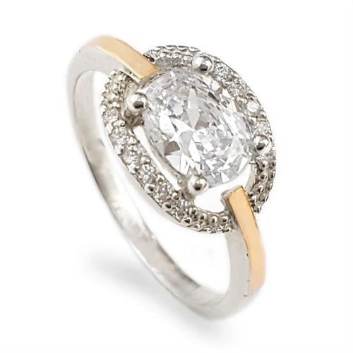 טבעת כסף מצופה זהב 9K משובצת אבן זרקון מרכזית ואבני זרקון קטנות RG5943 | תכשיטי כסף | טבעות כסף