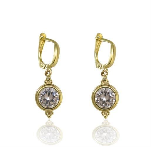 עגילי זהב 14 קרט תלויים משובצים אבני זרקון 10 ממ ויהלומים