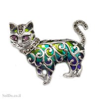 סיכה מכסף מעוצבת דגם "חתולה" משובצת מרקזטים ואמייל צבעוני T6191 | תכשיטי כסף