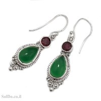 עגילים מכסף מעוצבים בשילוב אבני אגת ירוקה ואבני גרנט  A8909 | תכשיטי כסף | עגילי כסף