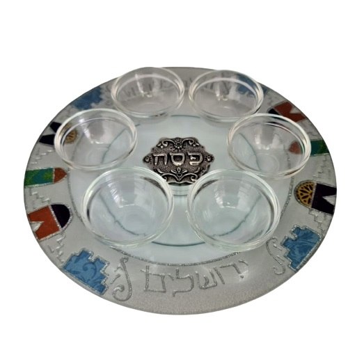 צלחת פסח זכוכית מסתובבת מעוצבת בעבודת יד כולל צלוחיות