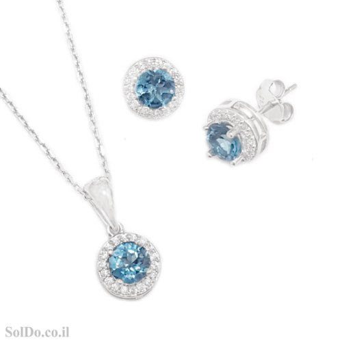 עגילים צמודים ותליון מכסף משובצים אבני טופז כחולה ואבני זרקון S1744