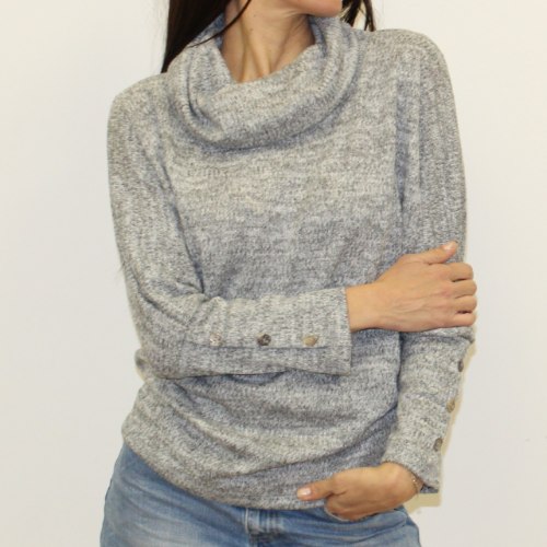 חולצת סריג כפתור שרוול אפור בהיר