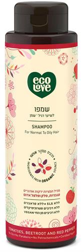 Ecolove  שמפו לשיער רגיל-שמן מתמציות אורגניות עגבניות סלק ופלפל אדום
