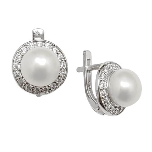 עגילי כסף משובצים פנינה לבנה ואבני זרקון A8576 | תכשיטי כסף 925