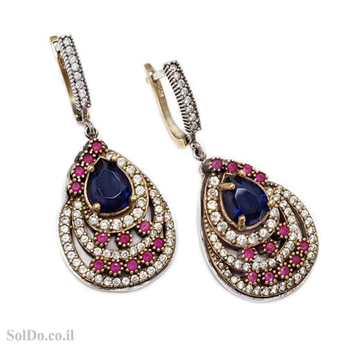 עגילים מכסף סגנון ויקטוריאני משובצים אבני זרקון צבעוניות וציפוי נחושת  A8837 | תכשיטי כסף 925