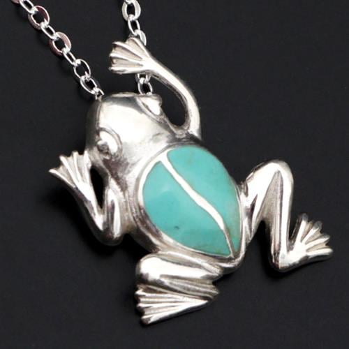 תליון כסף צפרדע משובץ אמייל טורקיז ירוק T8670