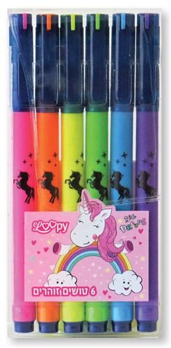 "LOOPY סט 6 טושים זוהרים חד קרן קשת בענן"