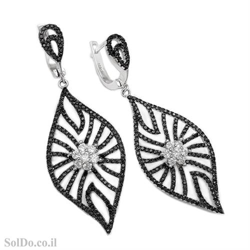 עגילי כסף ארוכים משובצים אבני זרקון שחורות ולבנות A8818 | תכשיטי כסף 925