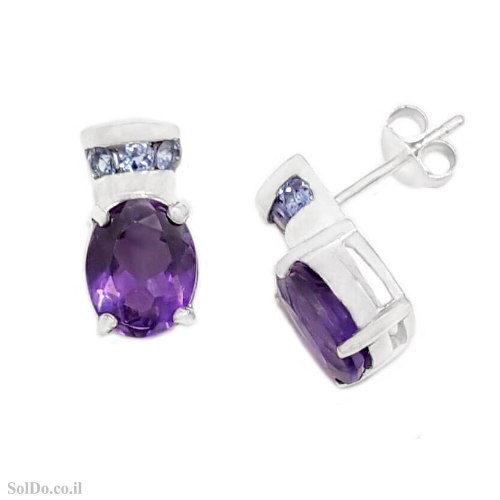 עגילים מכסף משובצים אבני אמטיסט סגול ואבני טנזנית A9007 | תכשיטי כסף