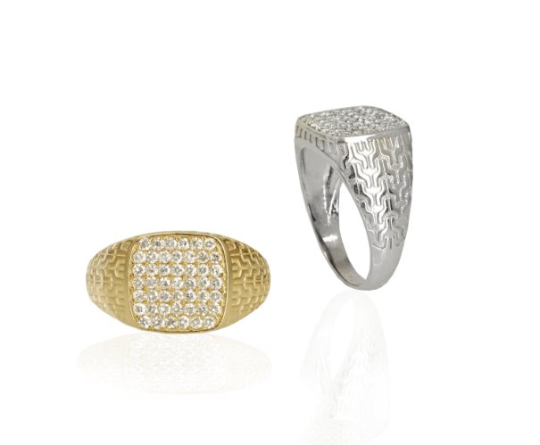 טבעת לגבר זהב משובצת יהלומים מרובעת