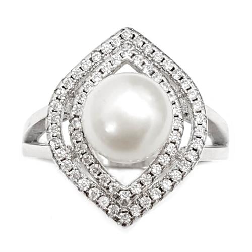 טבעת מכסף משובצת פנינה לבנה וזרקונים RG5960 | תכשיטי כסף 925 | טבעות עם פנינה