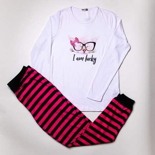 פיג'מת אינטרלוק  חתול לבנה נשים