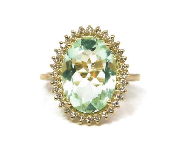 טבעת זהב 14K משובצת אבן אמטיסט ירוקה ויהלומים 0.30 קראט