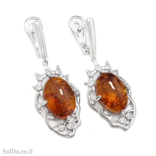 עגילים מכסף תלויים בשילוב ענבר בלטי אמיתי  צבע קוניאק A8932