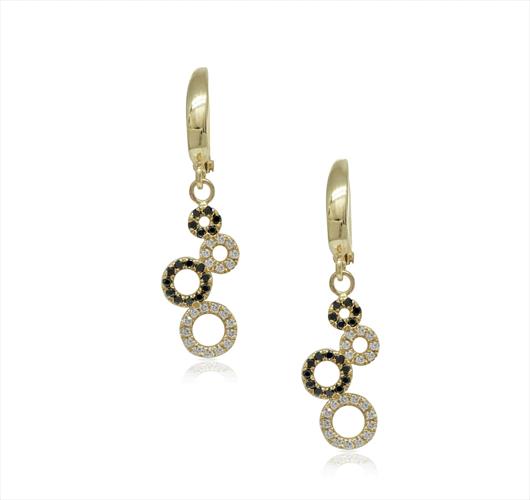 עגילי זהב משובצים יהלומים שחורים ולבנים תלויים דגם דונה בלה