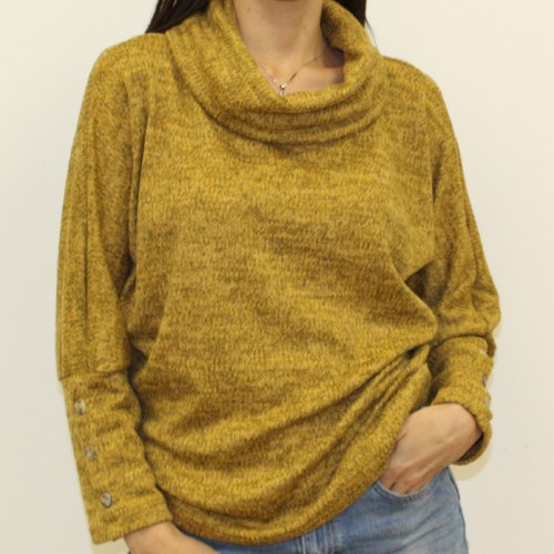 חולצת סריג כפתור שרוול חרדל